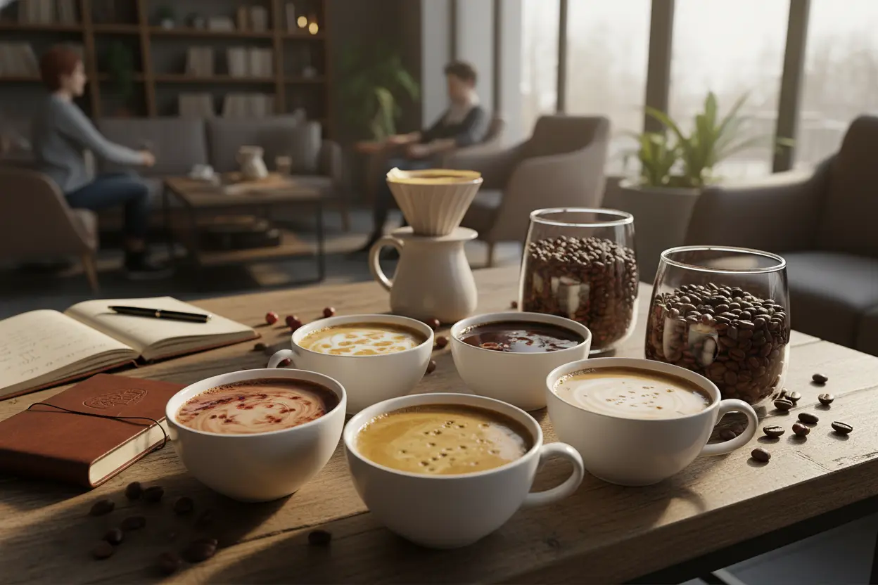Várias xícaras de café blend em uma mesa de cafeteria
