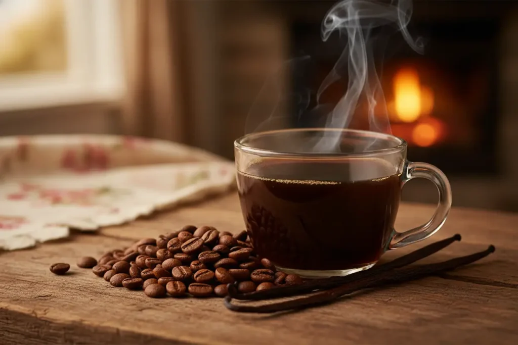 Xícara de café Baggio vanilla com grãos de café e fava de baunilha