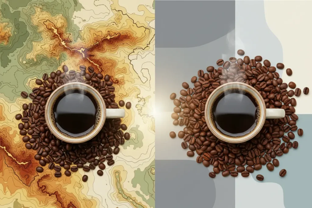 Comparação visual entre café blend e café single origin