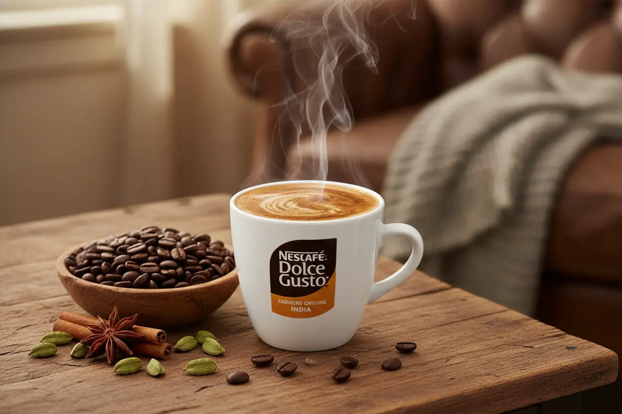 Xícara de café Nescafé Farmers Origins India com crema e especiarias