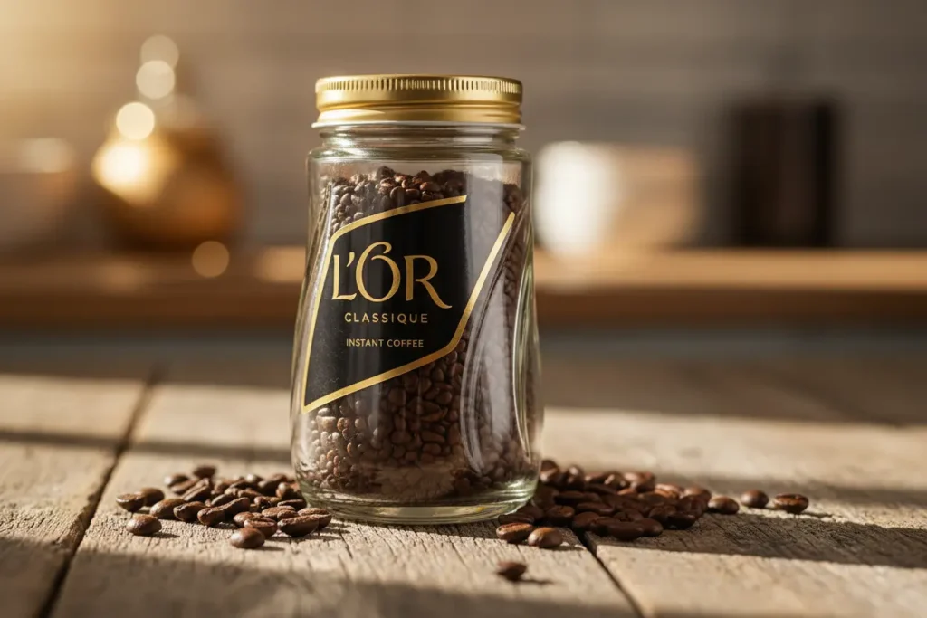 Pote de vidro de café solúvel L'Or Classique em uma mesa de madeira com grãos de café.