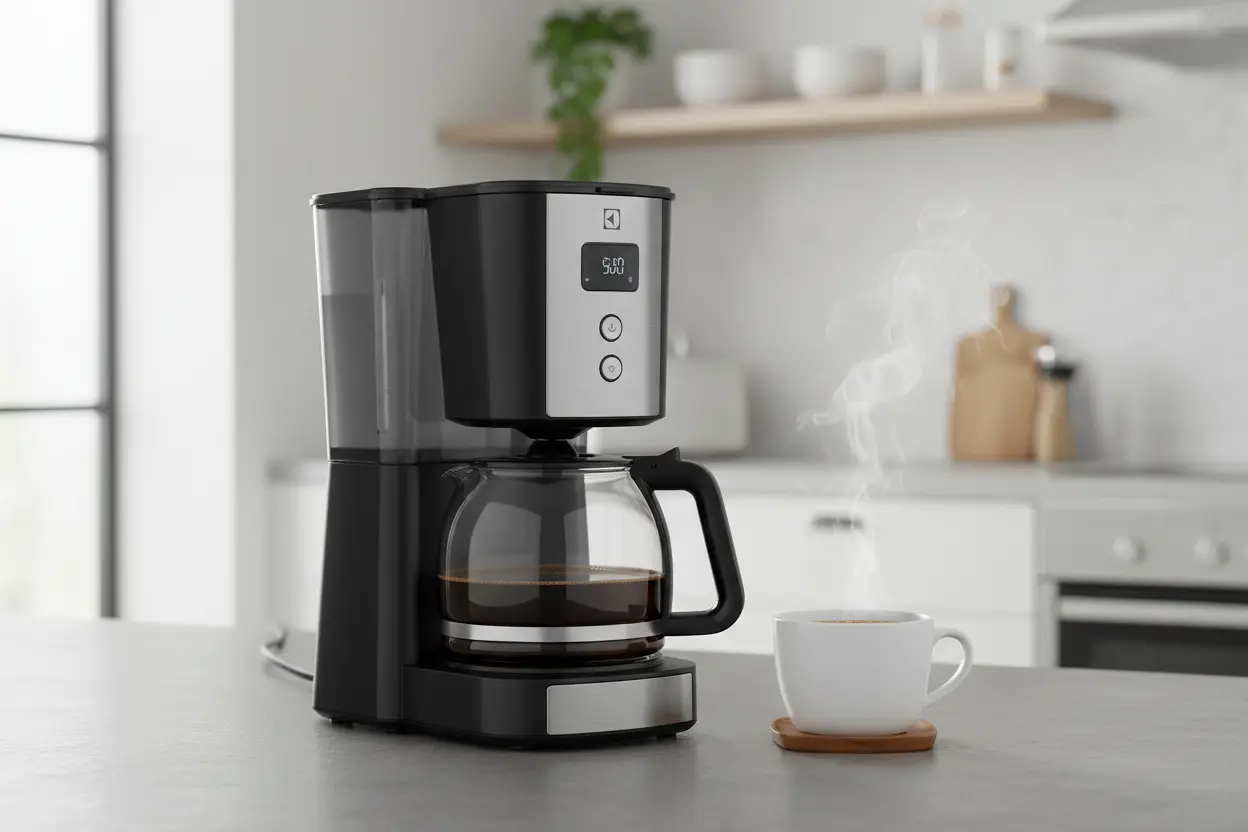 Cafeteira Electrolux ECM10 preta em bancada de cozinha com xícara de café