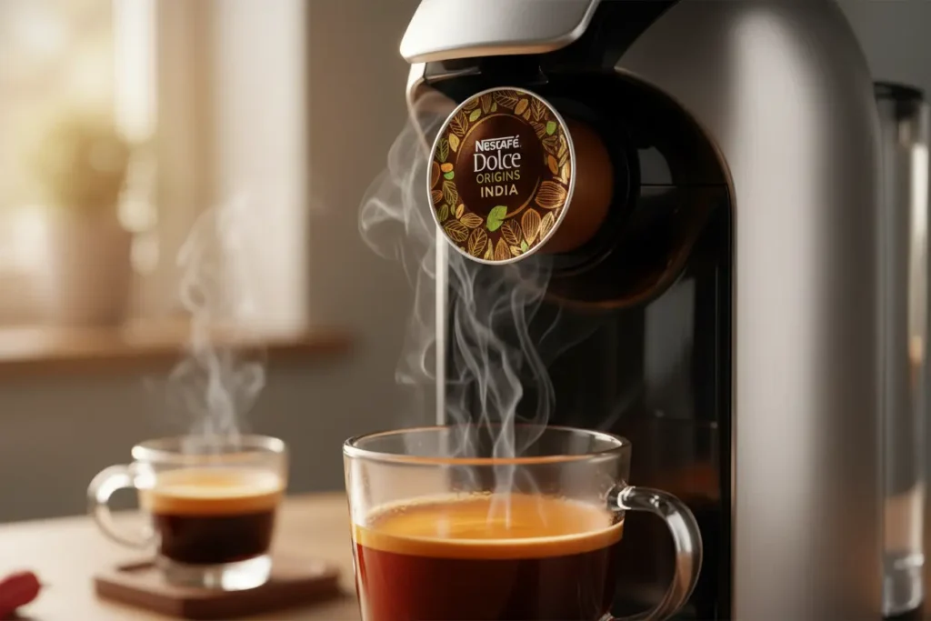Cápsula Nescafé Farmers Origins India sendo inserida em máquina Dolce Gusto