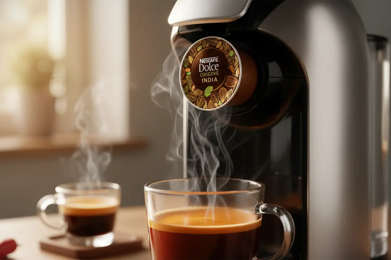 Cápsula Nescafé Farmers Origins India sendo inserida em máquina Dolce Gusto