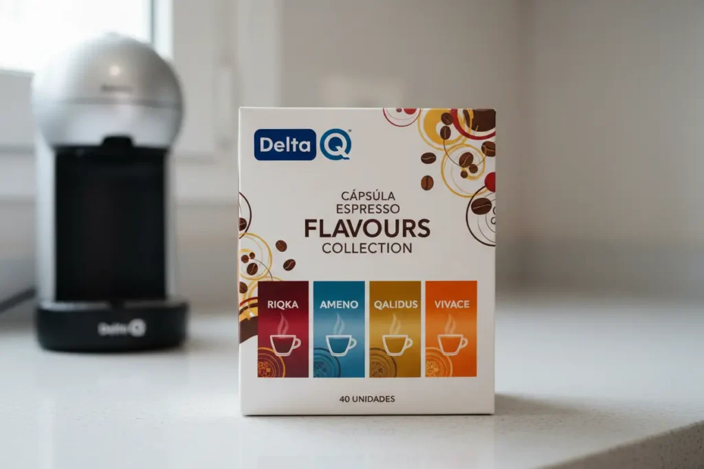Caixa de Cápsulas Espresso Flavours Collection Delta Q com os nomes dos sabores visíveis.
