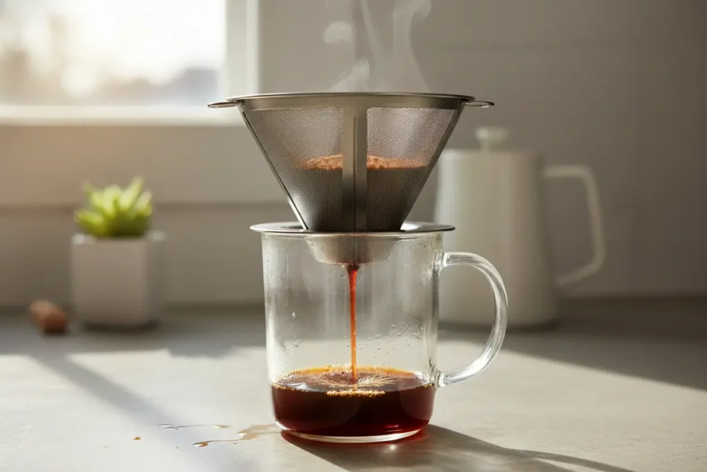 Coador de café reutilizável premium de aço inoxidável com café fresco