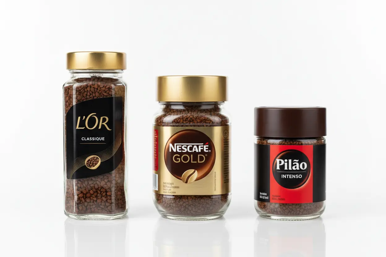 Comparação de potes de café solúvel L'Or Classique, Nescafé Gold e Pilão Intenso.