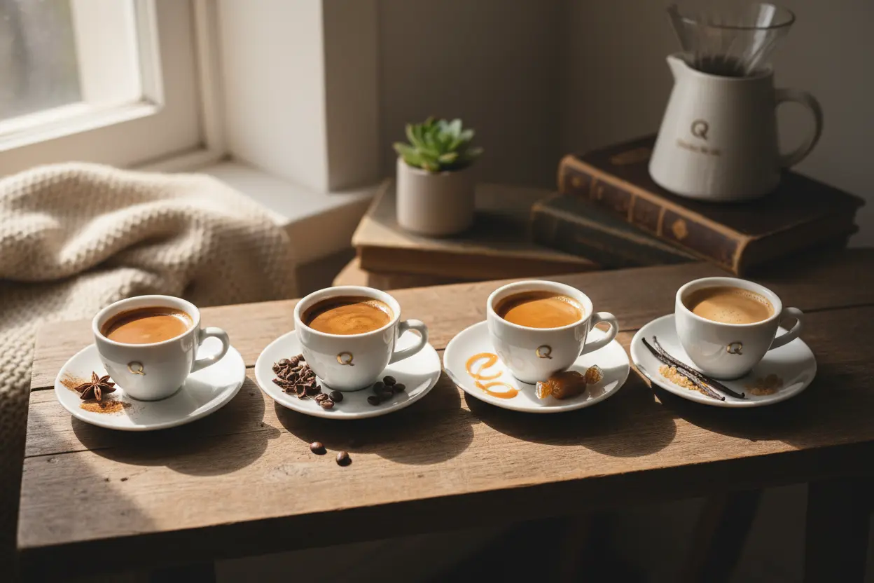 Quatro xícaras de espresso com diferentes sabores da coleção Delta Q.