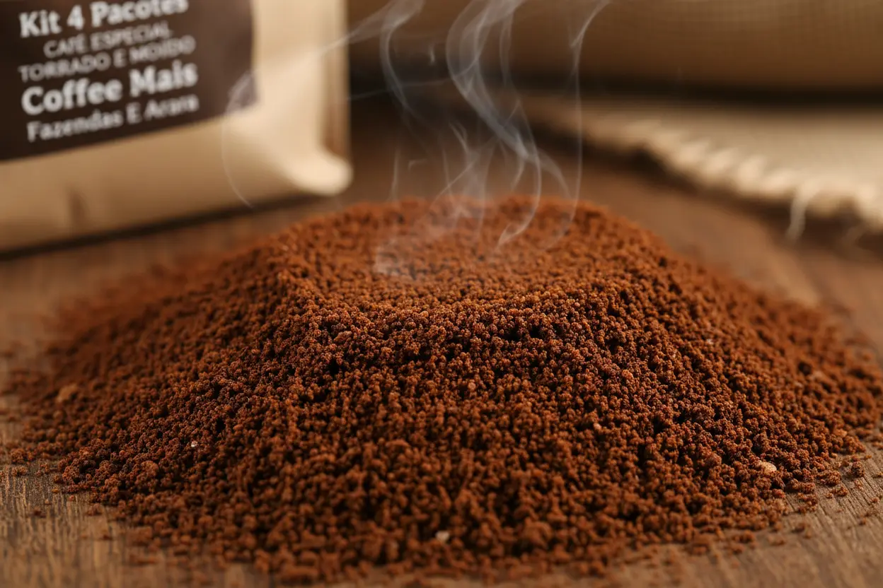 Detalhe da Moagem do Café Coffee Mais Kit 4 Pacotes Café Especial Torrado e Moído Coffee Mais Fazendas E Arara
