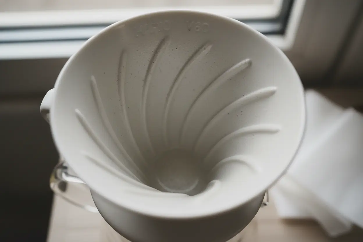 Detalhe Interno do V60 Cerâmica Detalhe das ranhuras internas do CONJUNTO KIT V60 HARIO EM CERAMICA BRANCO C/40 FILTROS