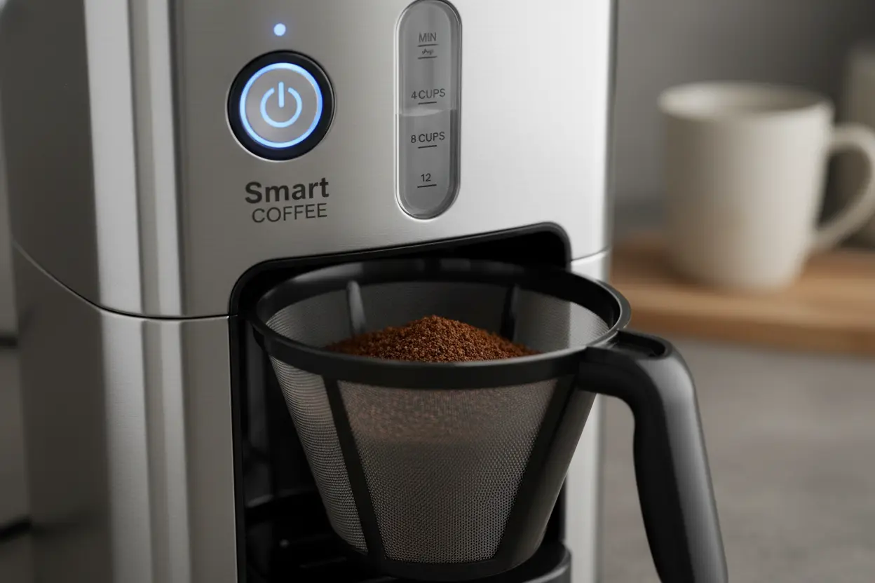 Detalhe do painel de controle e filtro da cafeteira Mondial Smart Coffe.