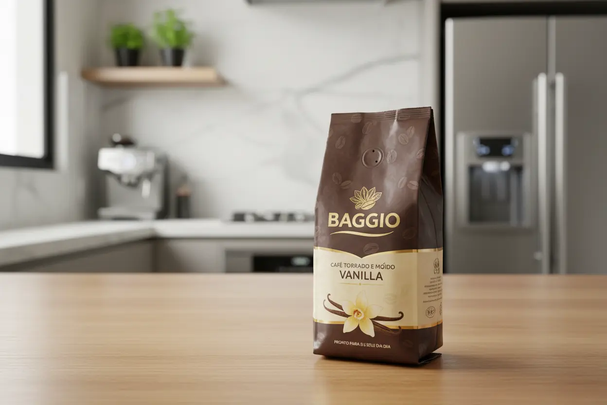 Embalagem de café Baggio torrado moído vanilla em uma cozinha