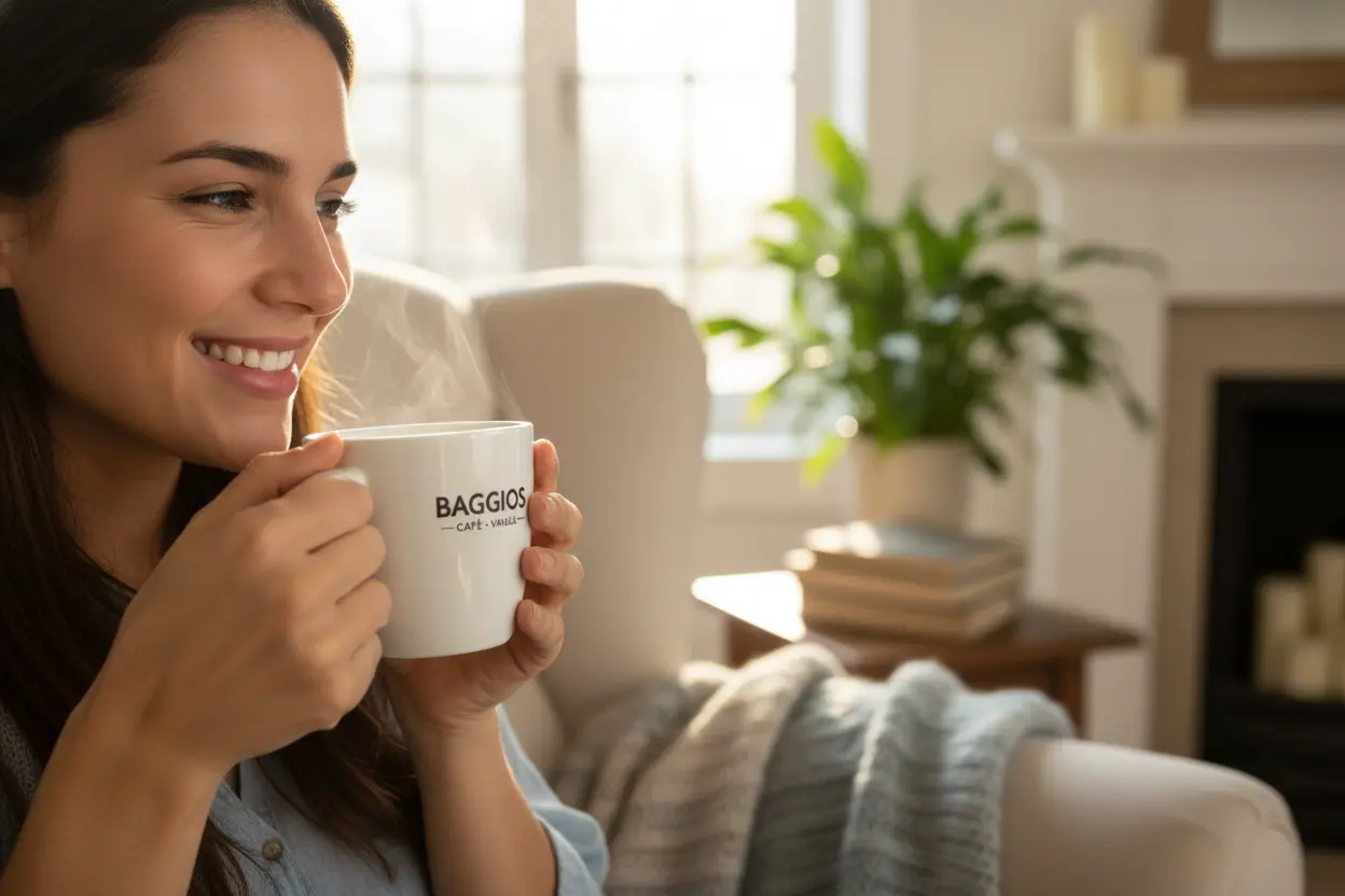 Pessoa feliz bebendo café Baggio vanilla