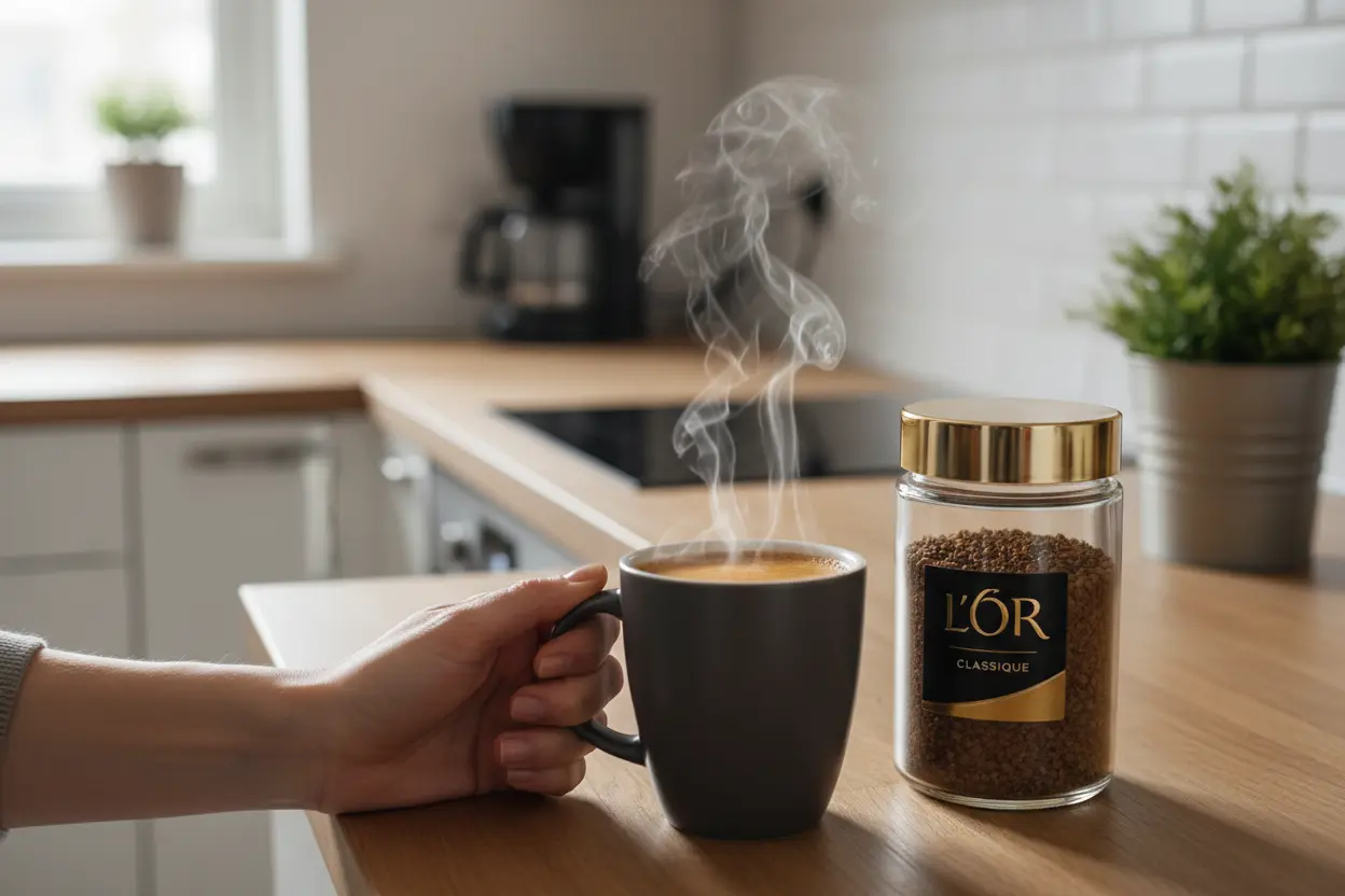 Xícara de café solúvel L'Or Classique com vapor e pote de vidro.