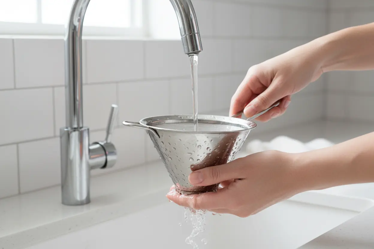 Peneira cônica profissional de inox sendo lavada