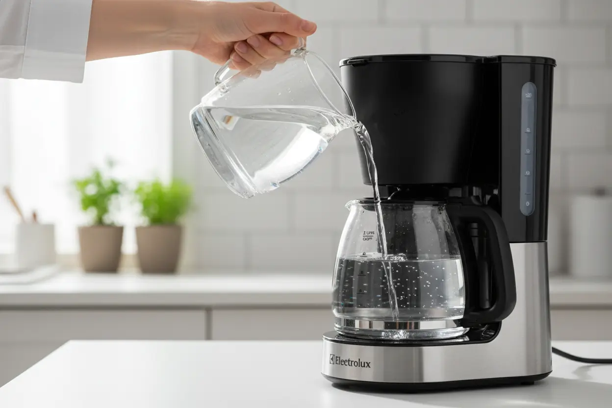 Pessoa abastecendo reservatório de água da cafeteira Electrolux ECM10