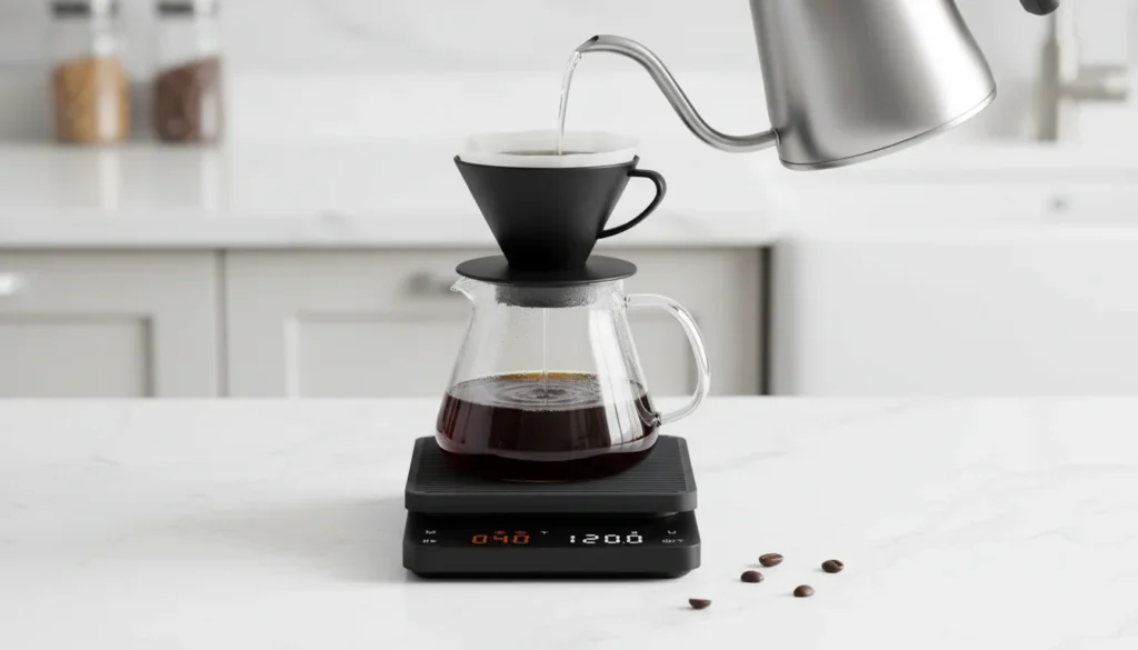 Um bule derramando café sobre uma jarra que está em cima de uma balança de café