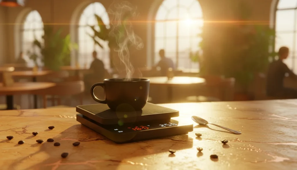 uma xicara de café em cima de uma balança com pequenos grãos de café ao redor em um balcão