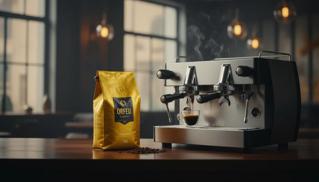 um pacote de cafe com a embalagem amarela em cima de uma mesa ao lado de uma cafeteira