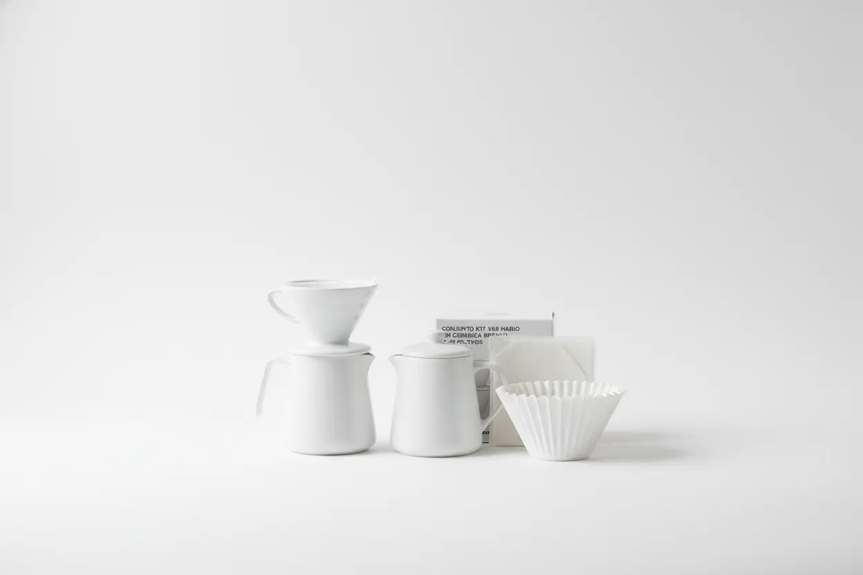 CONJUNTO KIT V60 HARIO EM CERAMICA BRANCO C/40 FILTROS em fundo branco