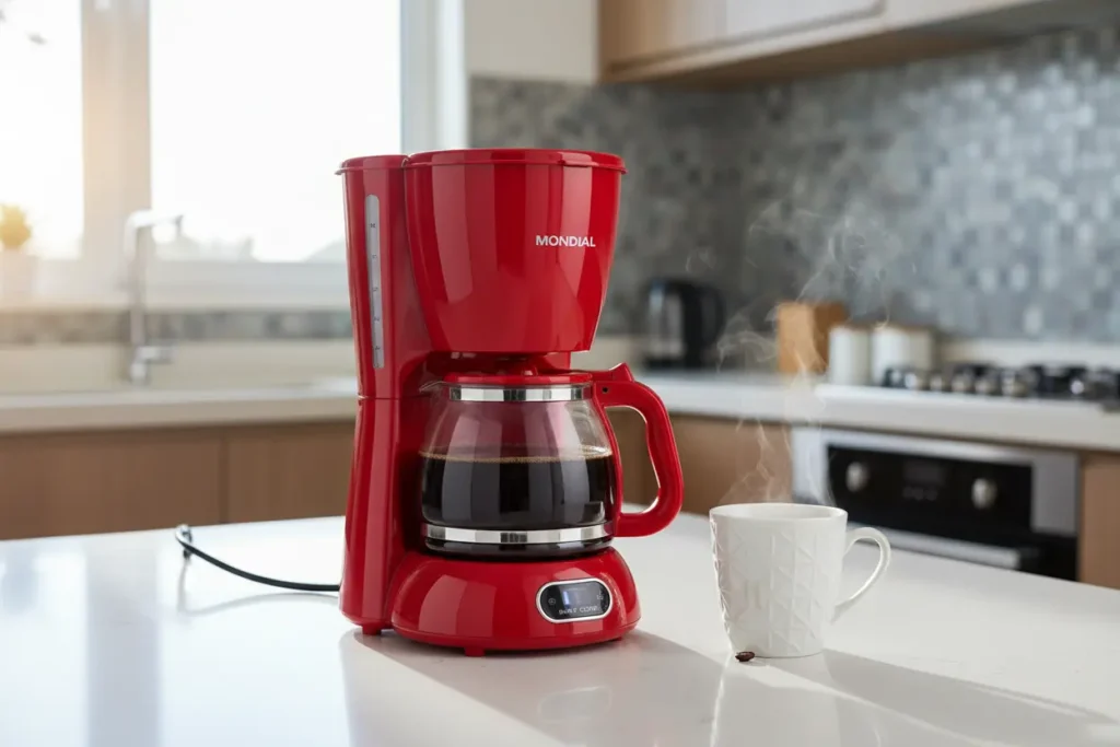 Cafeteira Mondial Smart Coffe vermelha em bancada de cozinha moderna com xícara de café.