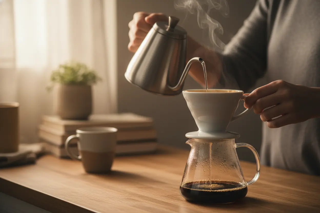 Preparando Café com o Kit V60 Pessoa preparando café com CONJUNTO KIT V60 HARIO EM CERAMICA BRANCO C/40 FILTROS