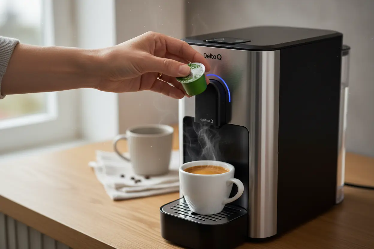 Mão inserindo cápsula Delta Q em máquina de café, com xícara de espresso.