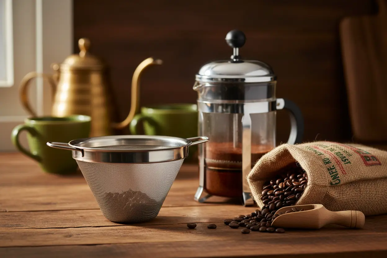 Peneira cônica profissional de inox com grãos de café