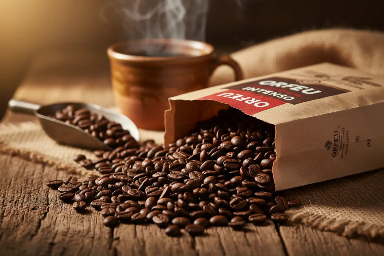 Grãos de café Orfeu Intenso 1kg torrados e uma xícara de café.