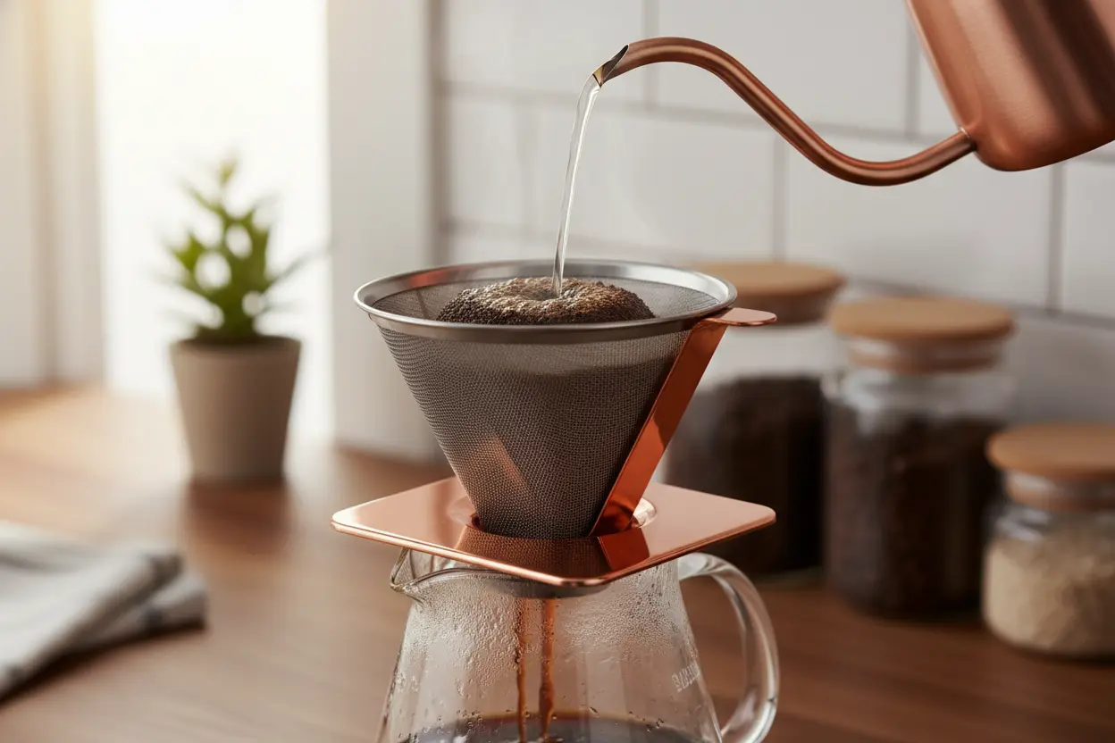 Coador filtro reutilizável premium de café sendo usado para preparar café fresco.