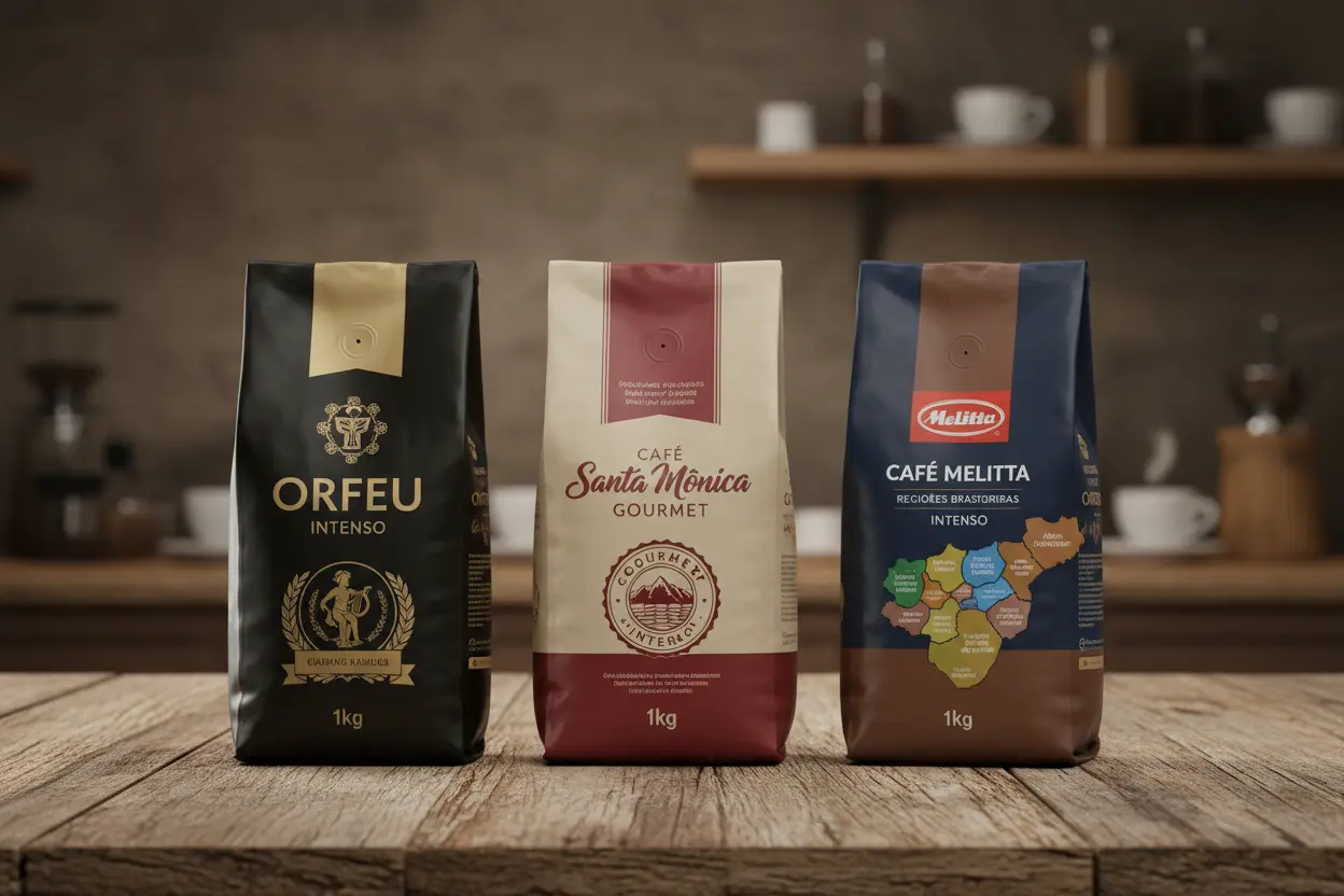 Embalagens de café Orfeu Intenso, Santa Mônica Gourmet Intenso e Melitta Regiões Brasileiras Intenso.
