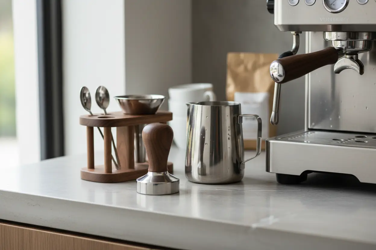Conjunto Barista Nogueira com 6 peças em madeira e aço inox
