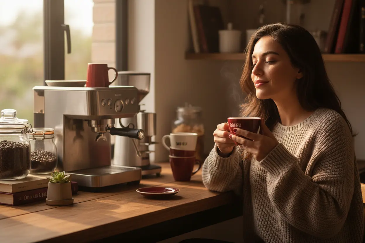 Pessoa bebendo café Orfeu Intenso em uma xícara, em uma estação de café.