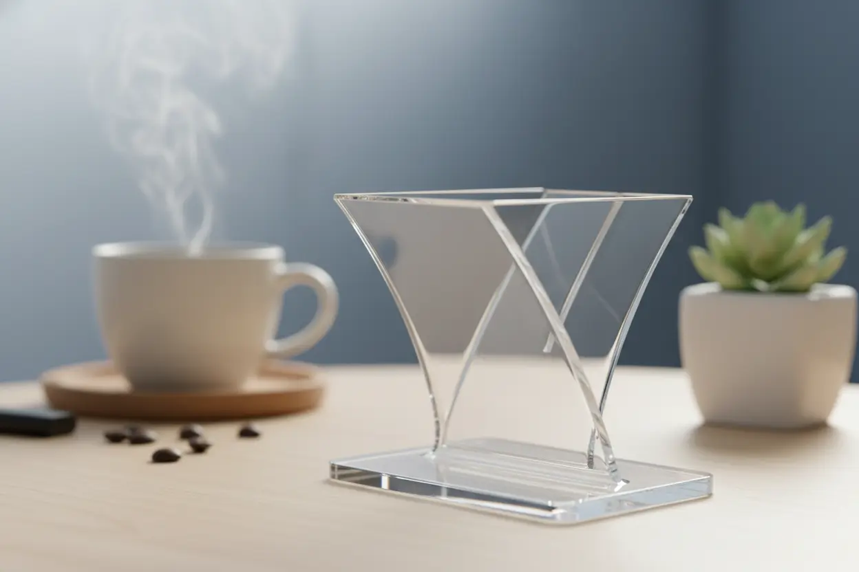 Porta filtro de café em acrílico com design moderno e minimalista.