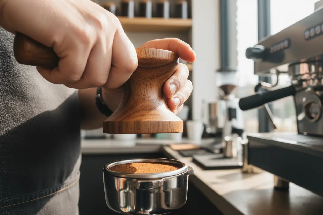 Barista usando distribuidor de café em madeira