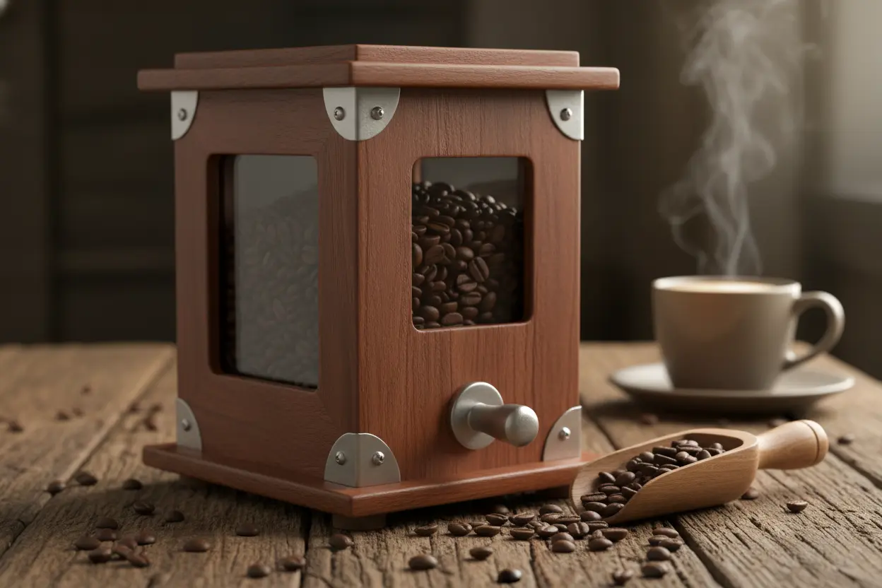Distribuidor de café em madeira com grãos de café