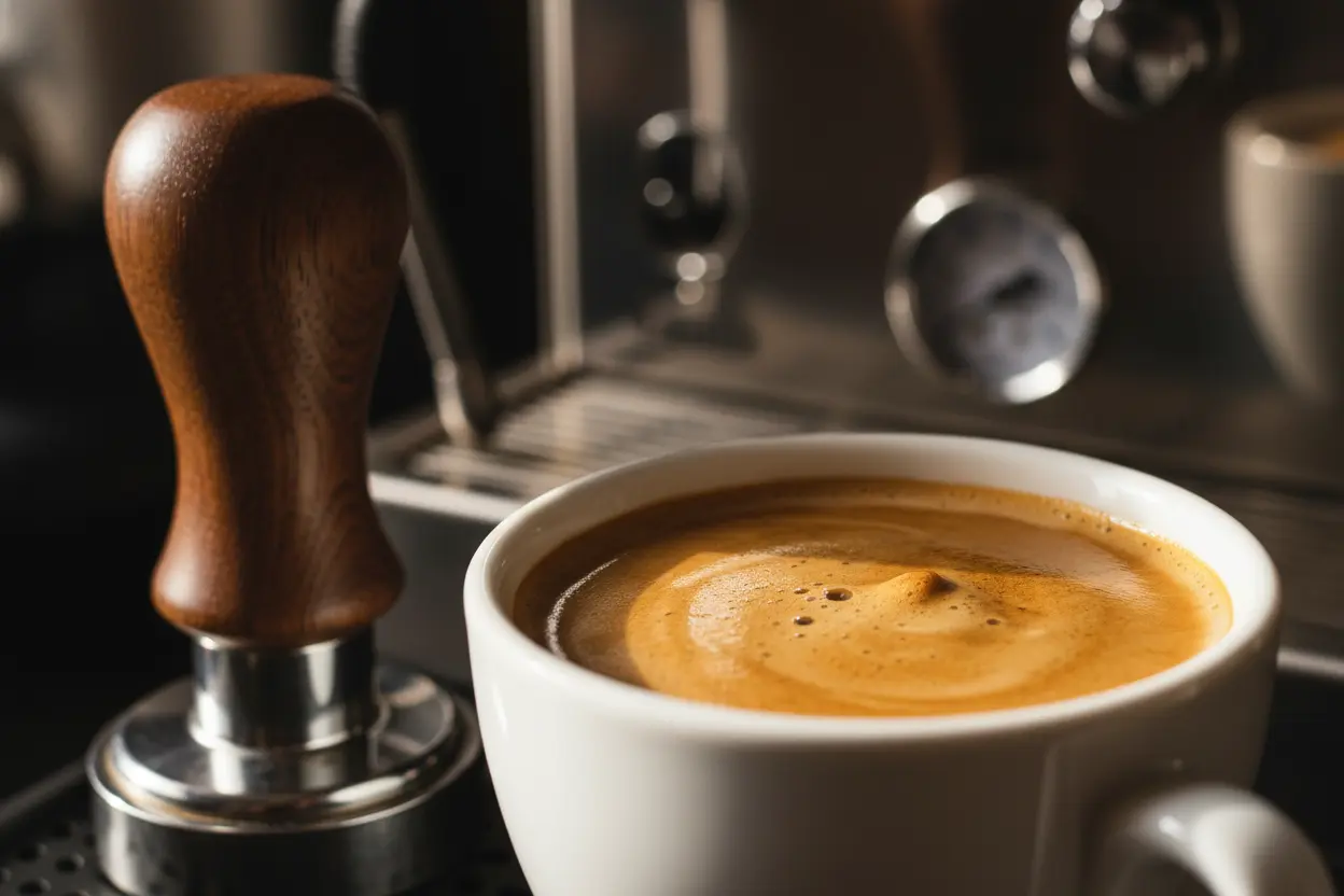 Xícara de espresso com crema e distribuidor de café