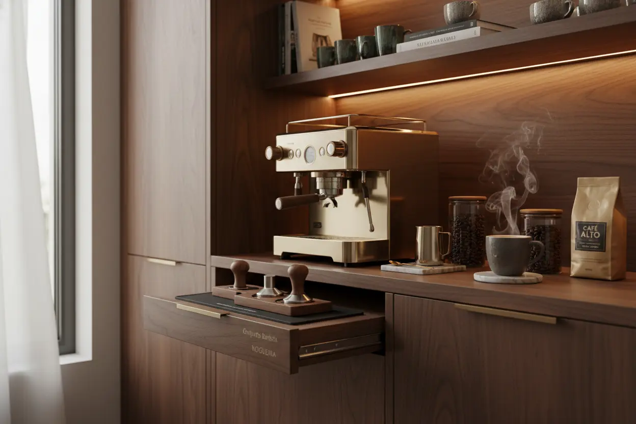 Estação de café com Conjunto Barista Nogueira e máquina de expresso