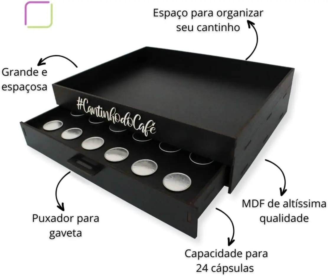 Gaveta aberta do porta-cápsulas bandeja Box Fan preto com cápsulas de café organizadas
