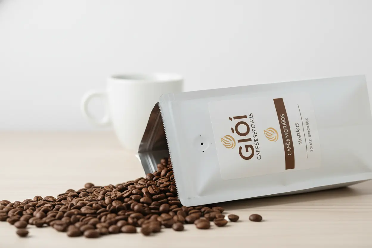Grãos de café Giói em close-up, com embalagem e xícara desfocadas.