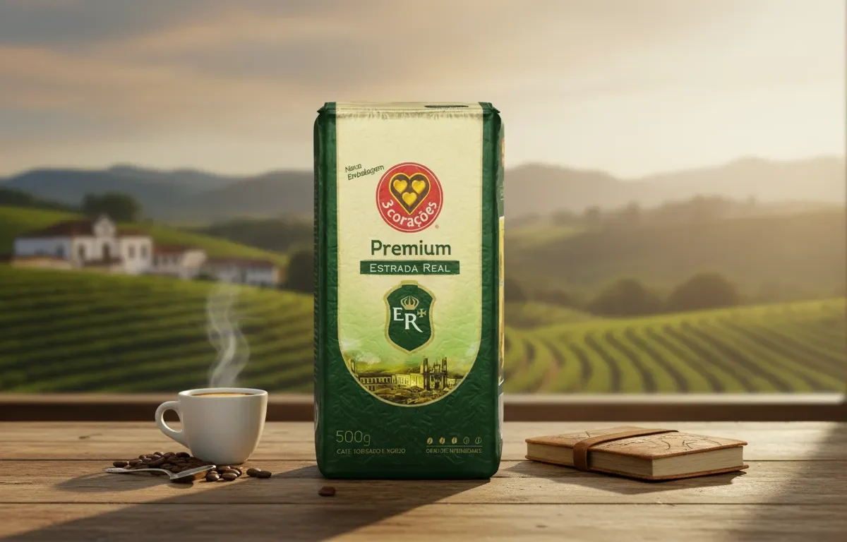 Pacote de café 3 Corações Estrada Real sobre mesa de madeira com xícara fumegante e colinas ao fundo.