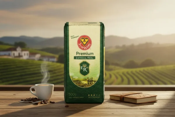 Pacote de café 3 Corações Estrada Real sobre mesa de madeira com xícara fumegante e colinas ao fundo.