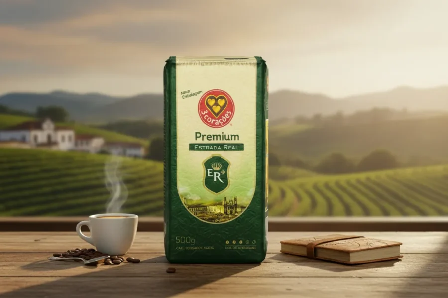 Pacote de café 3 Corações Estrada Real sobre mesa de madeira com xícara fumegante e colinas ao fundo.
