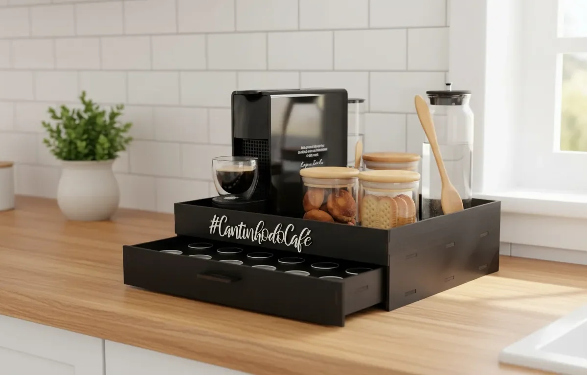 Porta-cápsulas bandeja Box Fan preto com gaveta semiaberta e cafeteira sobre bancada de madeira.