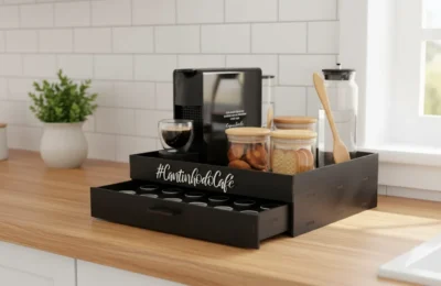 Porta-cápsulas bandeja Box Fan preto com gaveta semiaberta e cafeteira sobre bancada de madeira.