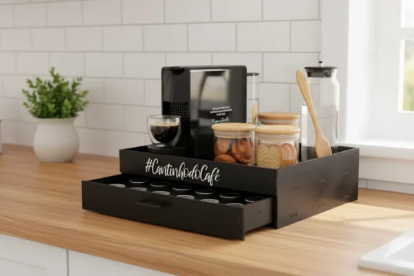 Porta-cápsulas bandeja Box Fan preto com gaveta semiaberta e cafeteira sobre bancada de madeira.