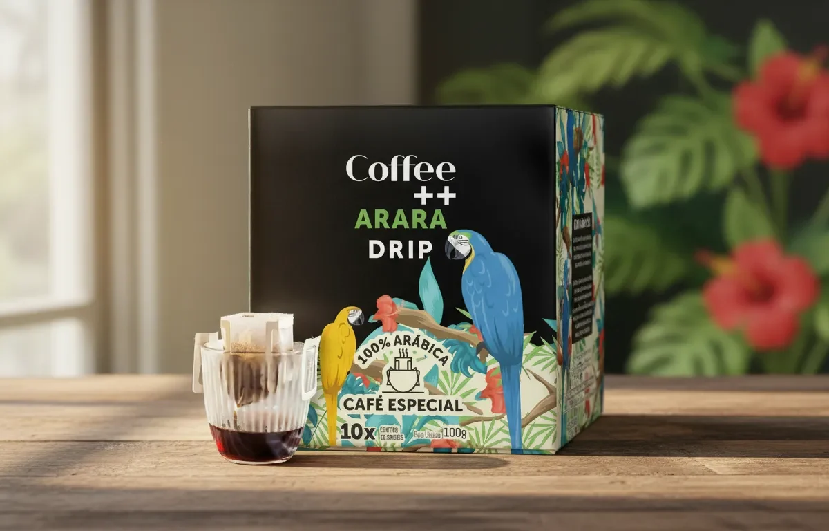 Caixa de café Arara Drip ao lado de copo de vidro com sachê de café coando sobre mesa de madeira.