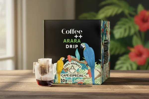 Caixa de café Arara Drip ao lado de copo de vidro com sachê de café coando sobre mesa de madeira.