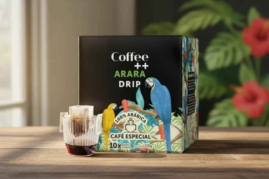 Caixa de café Arara Drip ao lado de copo de vidro com sachê de café coando sobre mesa de madeira.