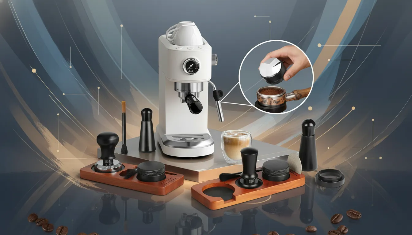 Kit de acessórios expresso WDT Mytdkxin com compactadores e pincéis organizados ao redor de cafeteira branca.